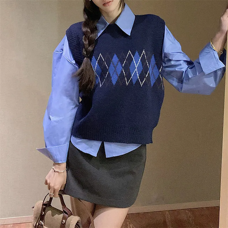 Wjczt cold weather outfits Retro Jacquard round Neck Sweater Vest for Women Autumn and Winter Hong Kong Style Temperament Short Stacked Knitted Vest Fashion