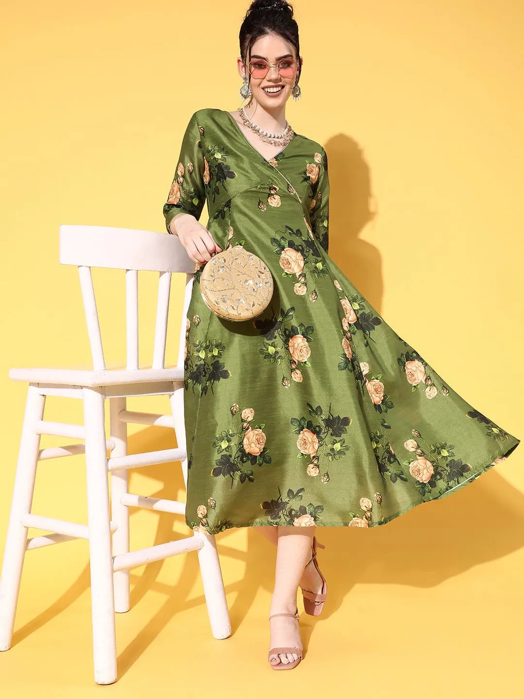 Women Green Floral Chanderi Wrap Anarkali Dress