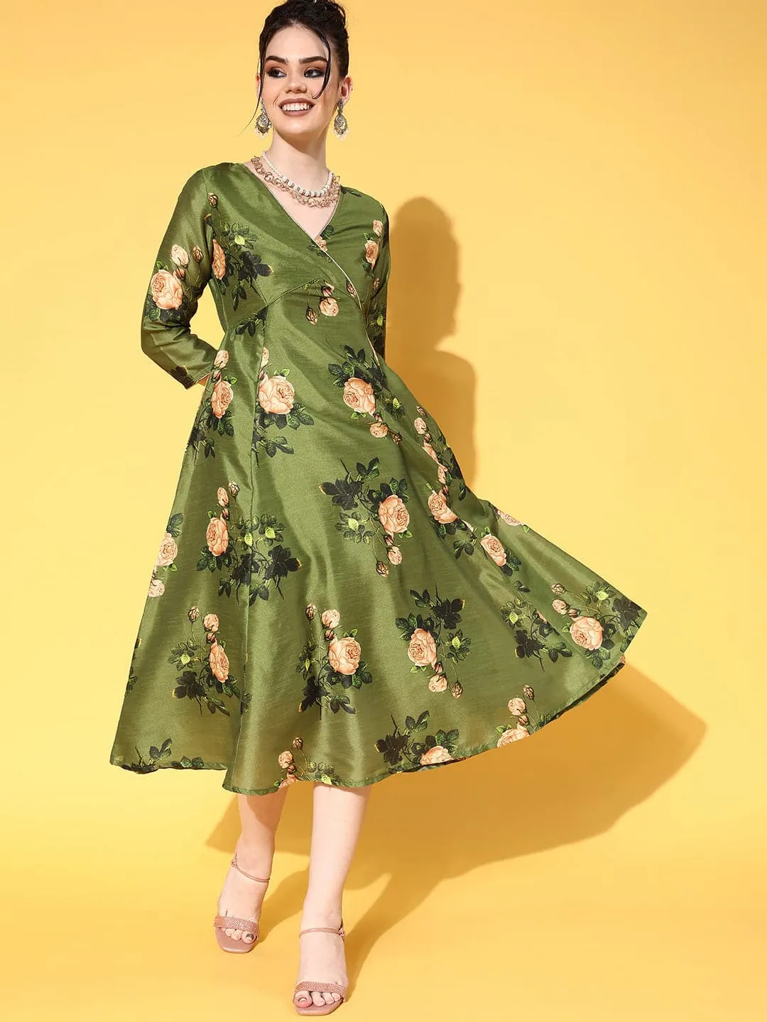 Women Green Floral Chanderi Wrap Anarkali Dress