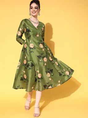 Women Green Floral Chanderi Wrap Anarkali Dress