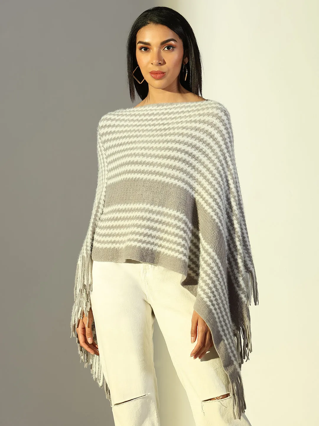 Women Grey Striped Longline Poncho