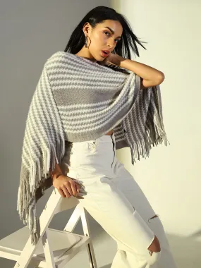 Women Grey Striped Longline Poncho