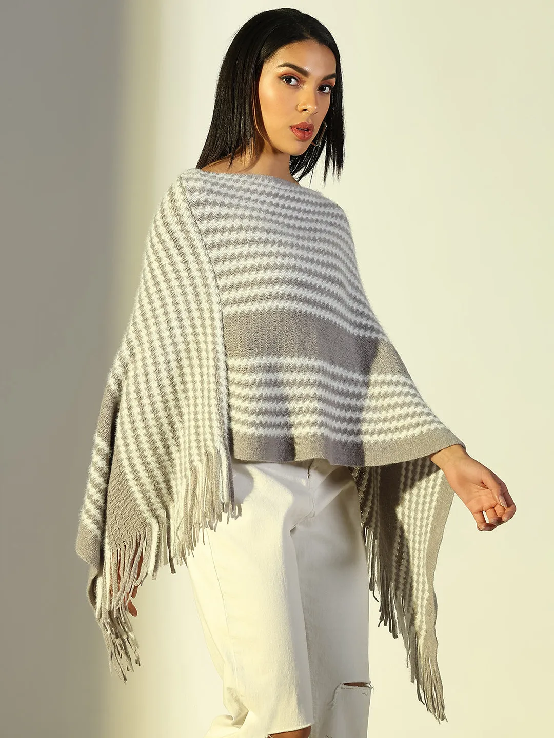 Women Grey Striped Longline Poncho