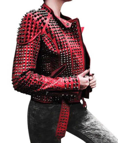 Women Motorcycle Punk Heavy Metal Spiked Tonal Black Studded Red Leather Jacket