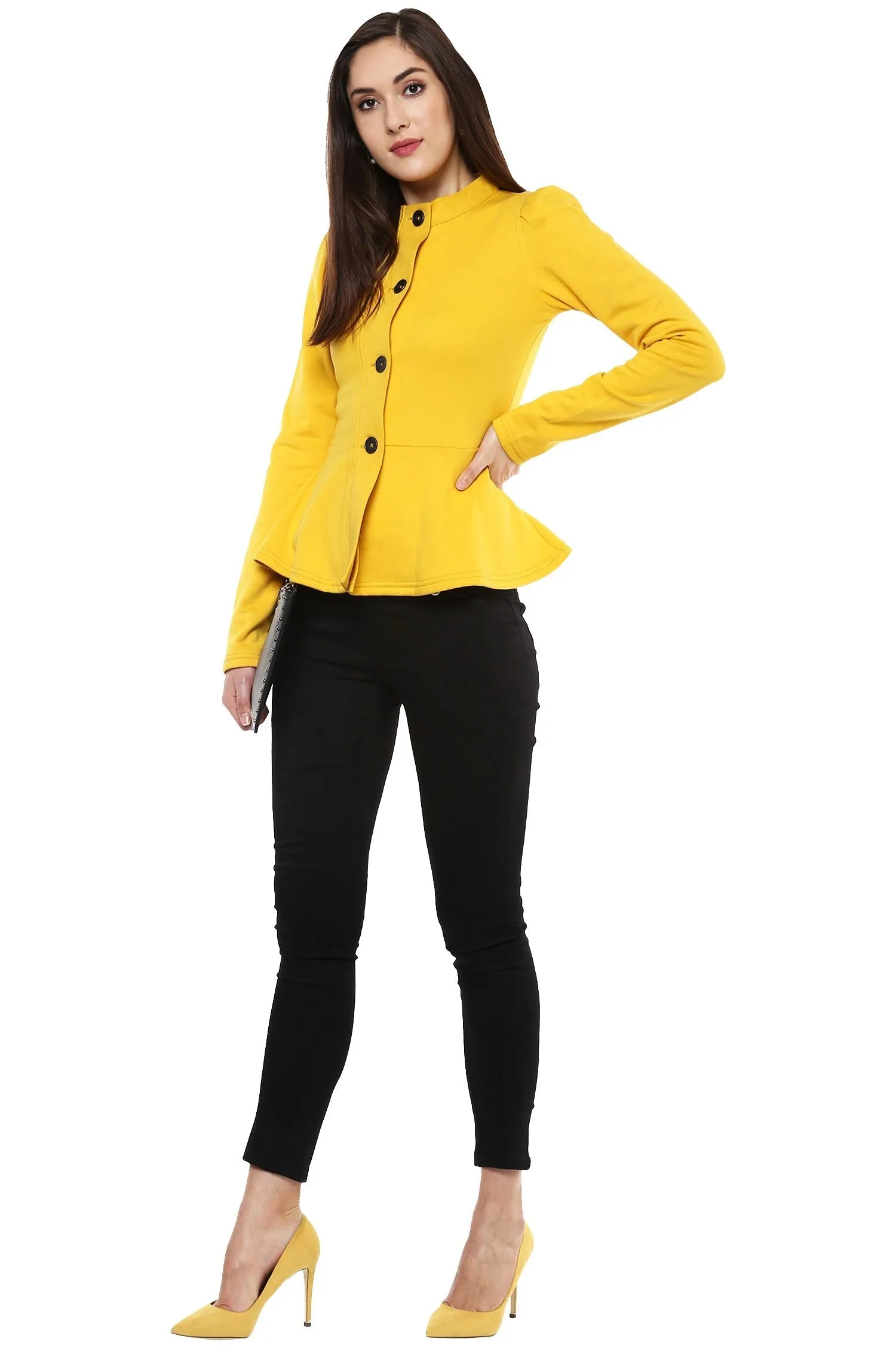 Women Mustard Fleece Peplum Jacket