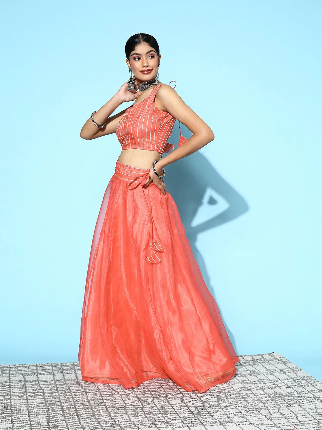 Women Rust Embroidered Crop Top With Anarkali Skirt