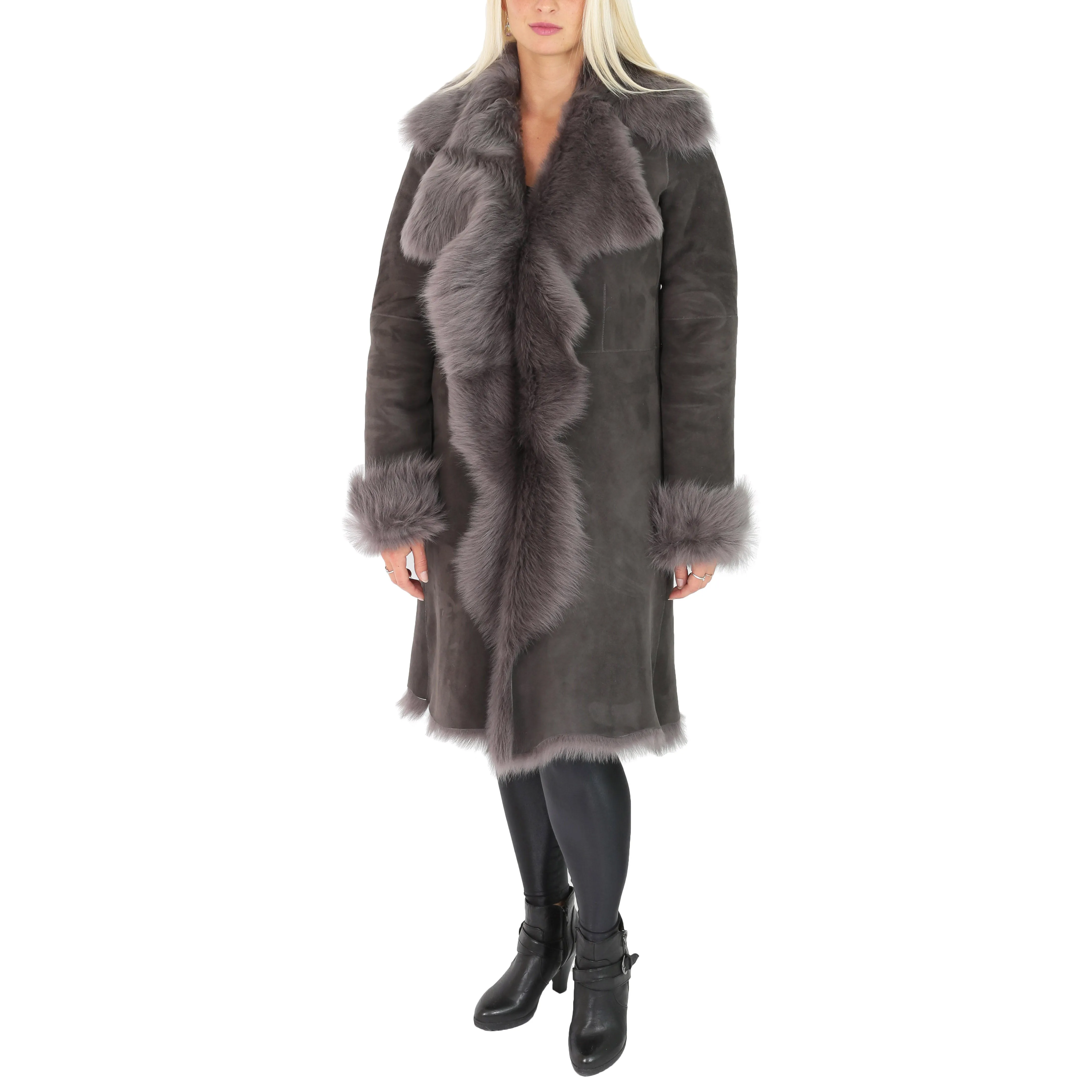 Womens 3/4 Length Toscana Shearling Luxury Coat Grey