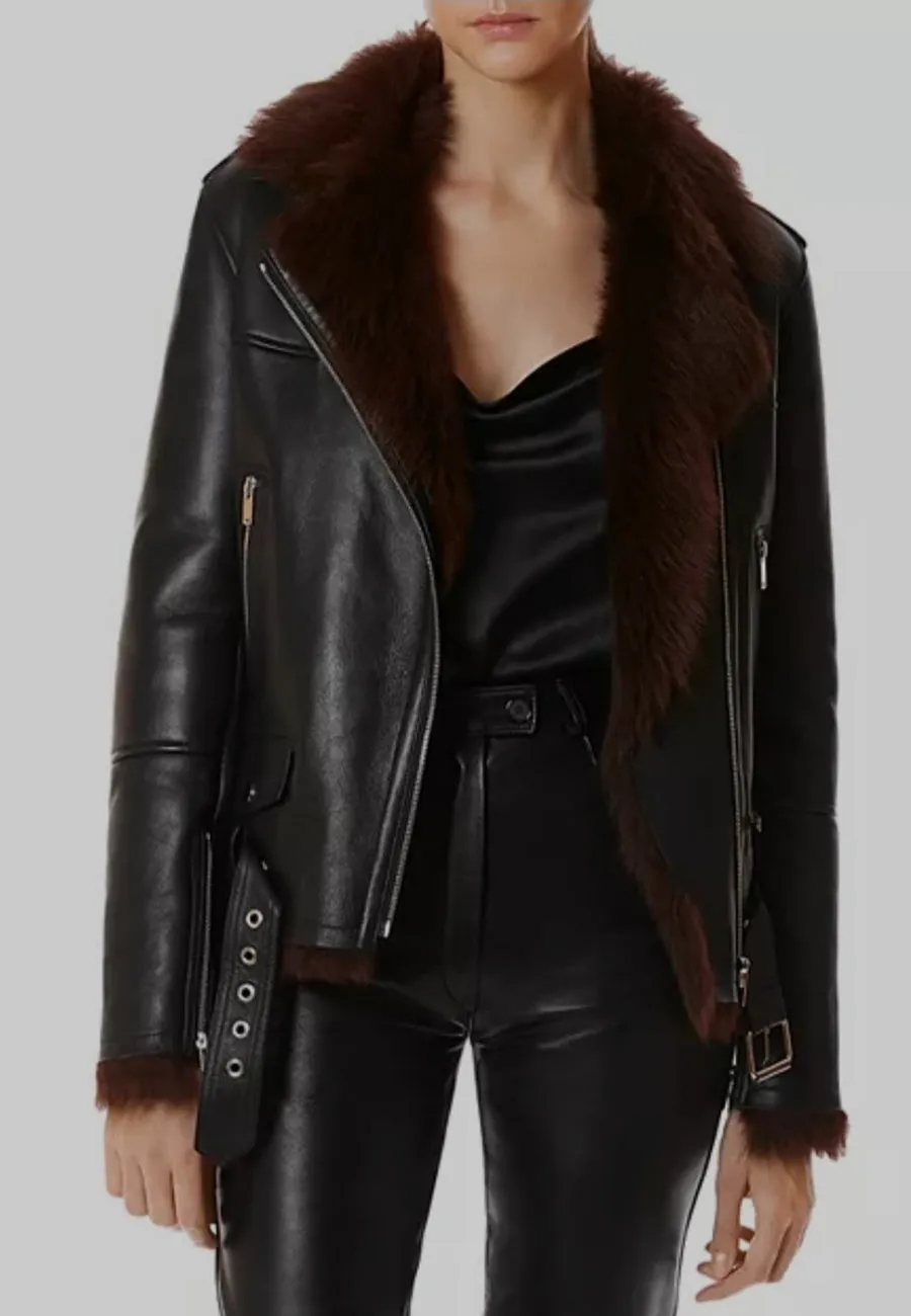 Women's Black Leather Shearling Jacket with Brown Accents