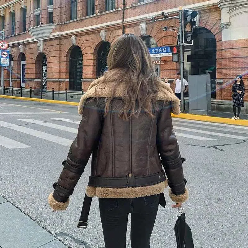 Womens Brown Leather Shearling Jacket with Double Collar