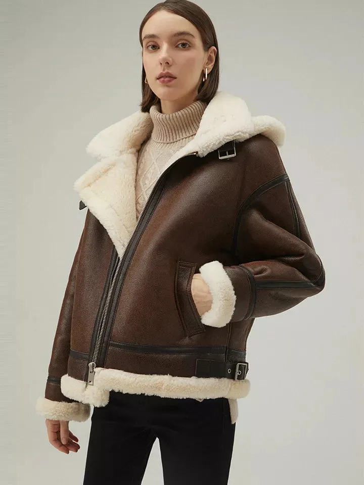 Women’s Chocolate Brown Leather Shearling Removable Hood Coat