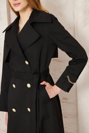 Women's Gold Button Chain Long Trench Coat Black - SCB-W12393