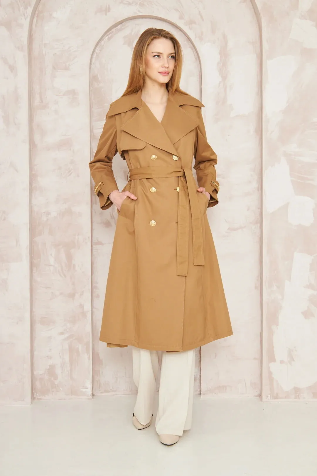 Women's Gold Button Chain Long Trench Coat Taba - SCB-W12387