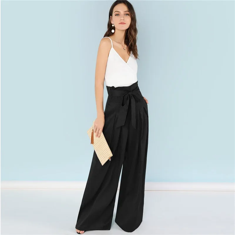 Women's High Waist Loose Belted Pants