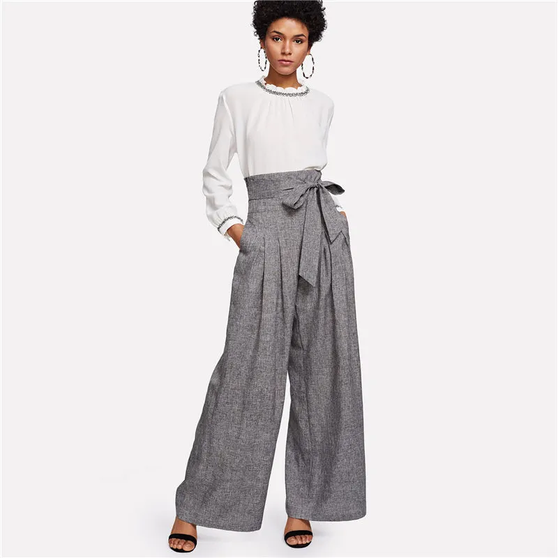 Women's High Waist Loose Belted Pants