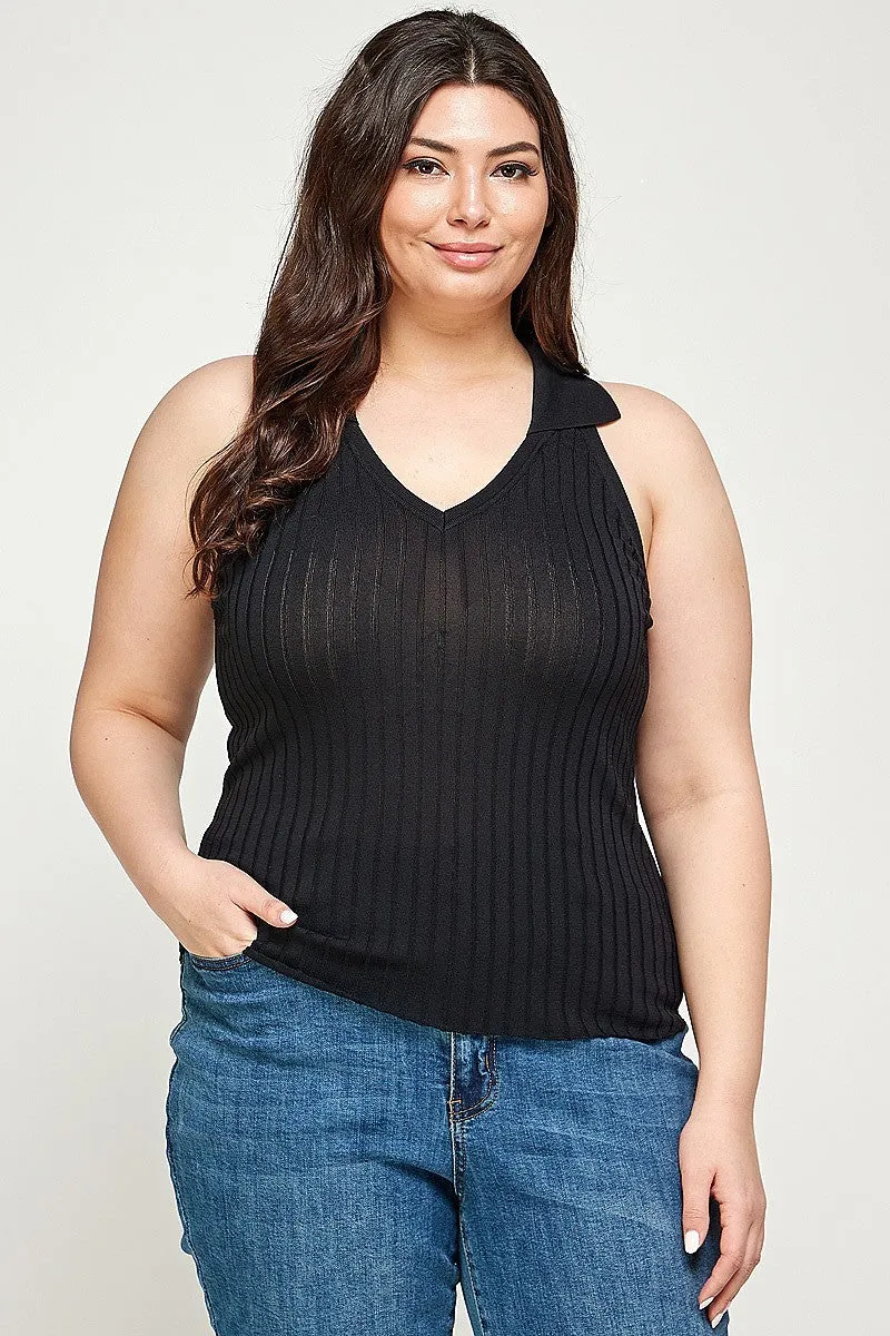 Women's Plus Size, Solid Ribbed Knit Polo Sleeveless Top