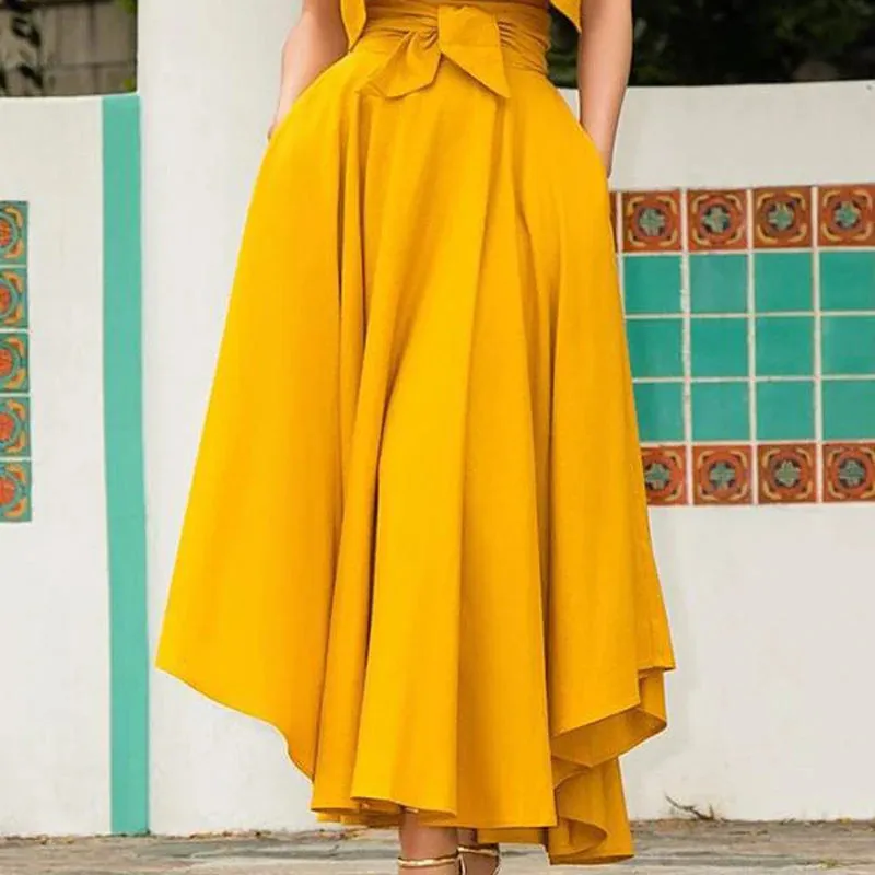 Women's Solid Color High Waist A Line Skirt Fashion Slim Waist Bow Belt Flared Pleated Long Red Orange Yellow Gypsy Maxi Skirt