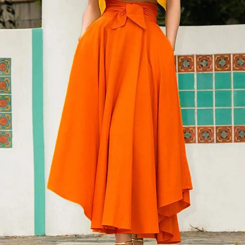 Women's Solid Color High Waist A Line Skirt Fashion Slim Waist Bow Belt Flared Pleated Long Red Orange Yellow Gypsy Maxi Skirt