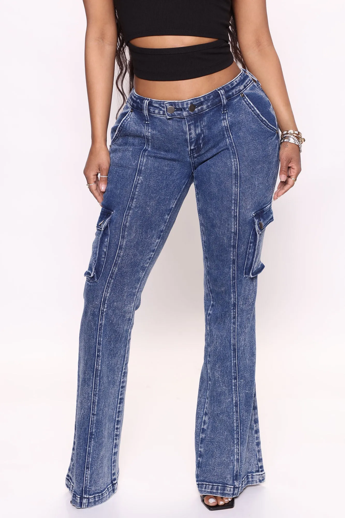 Y2K Low Rise Cargo Flare Jeans - Acid Wash Blue