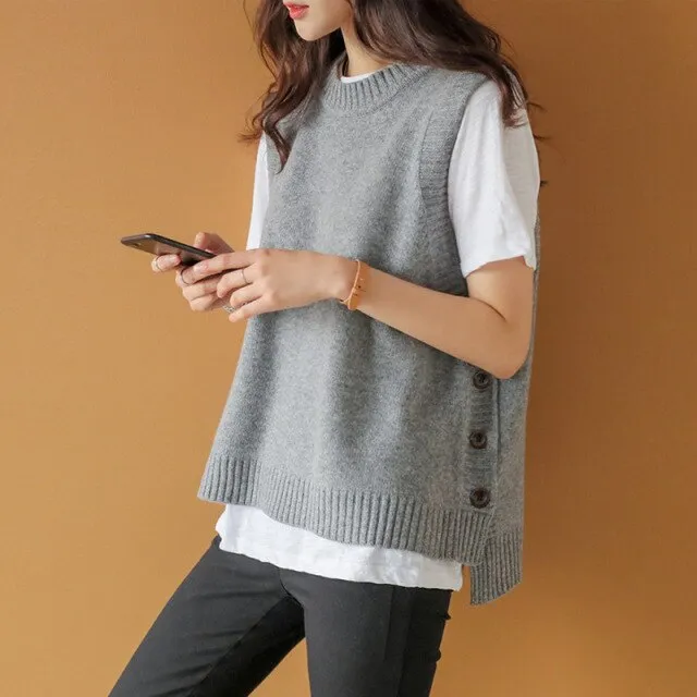 Yeknu Vest knitted female round neck coat new Korean version vintage vest sleeveless sweater vest female