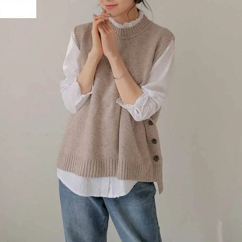 Yeknu Vest knitted female round neck coat new Korean version vintage vest sleeveless sweater vest female