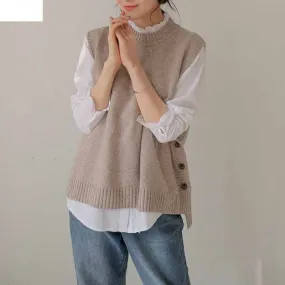 Yeknu Vest knitted female round neck coat new Korean version vintage vest sleeveless sweater vest female