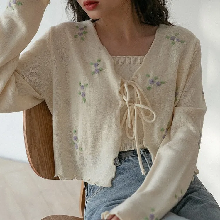 Yeknu Vintage Embroidery Knitted Two Piece Women Sets Autumn Long Sleeve Cropped Cardigan Ribbed Knit Short Vest Casual Sweater Outfit