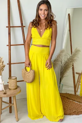 Yellow Crochet Top And Palazzo Pants Set