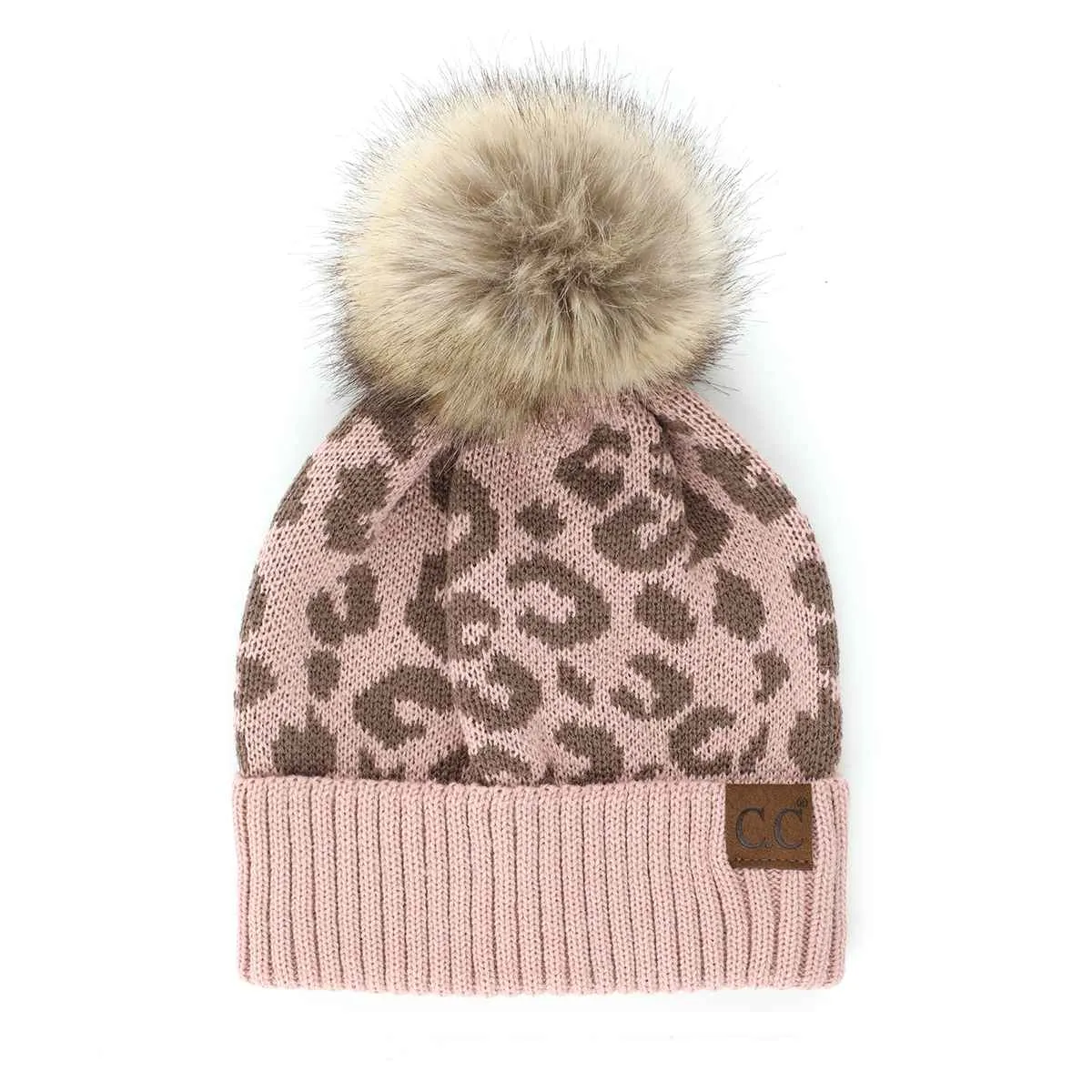 YJ2091 Audrey Leopard Pattern Pom Beanie