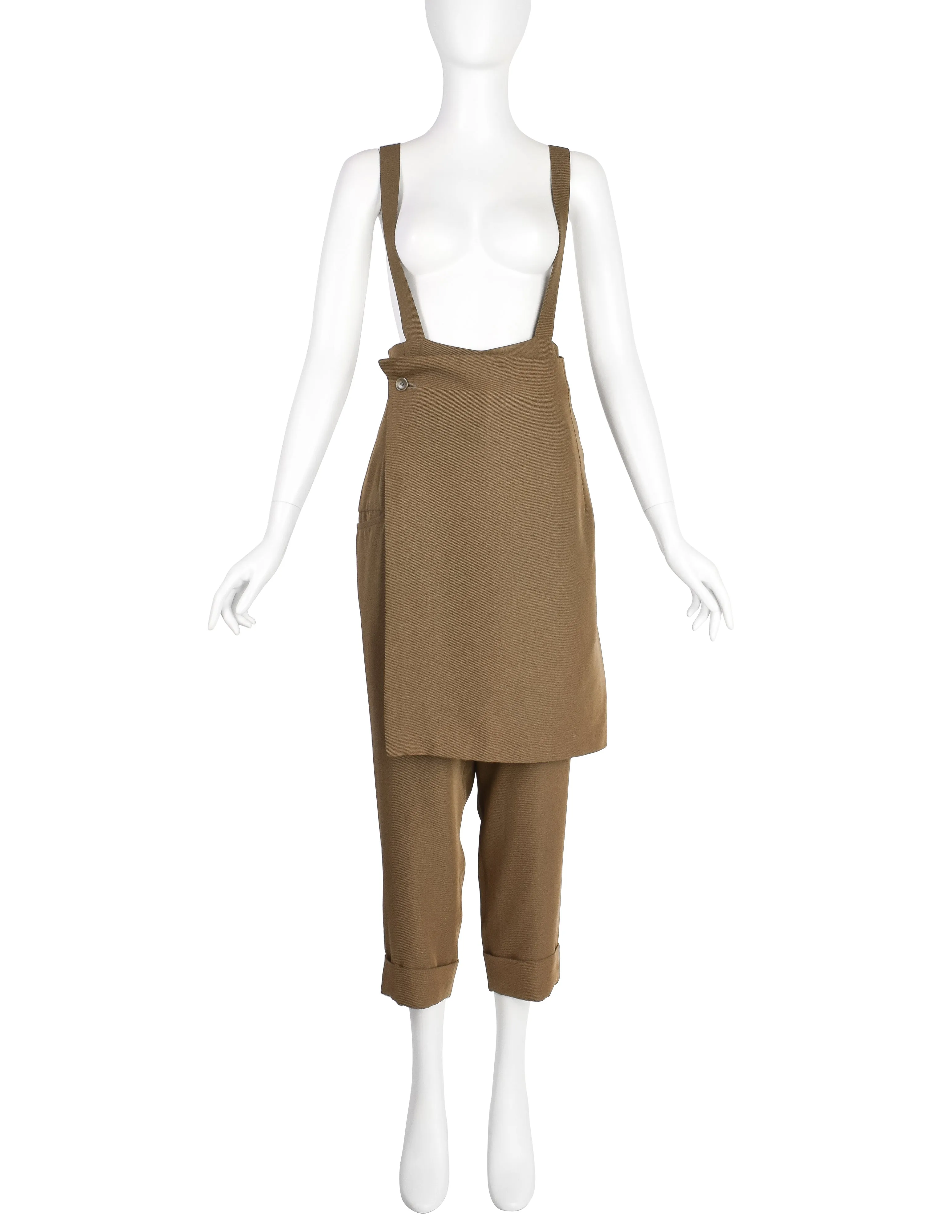 Yohji Yamamoto Vintage SS1988 Greenish-Brown High Waist Apron Pinafore Pants